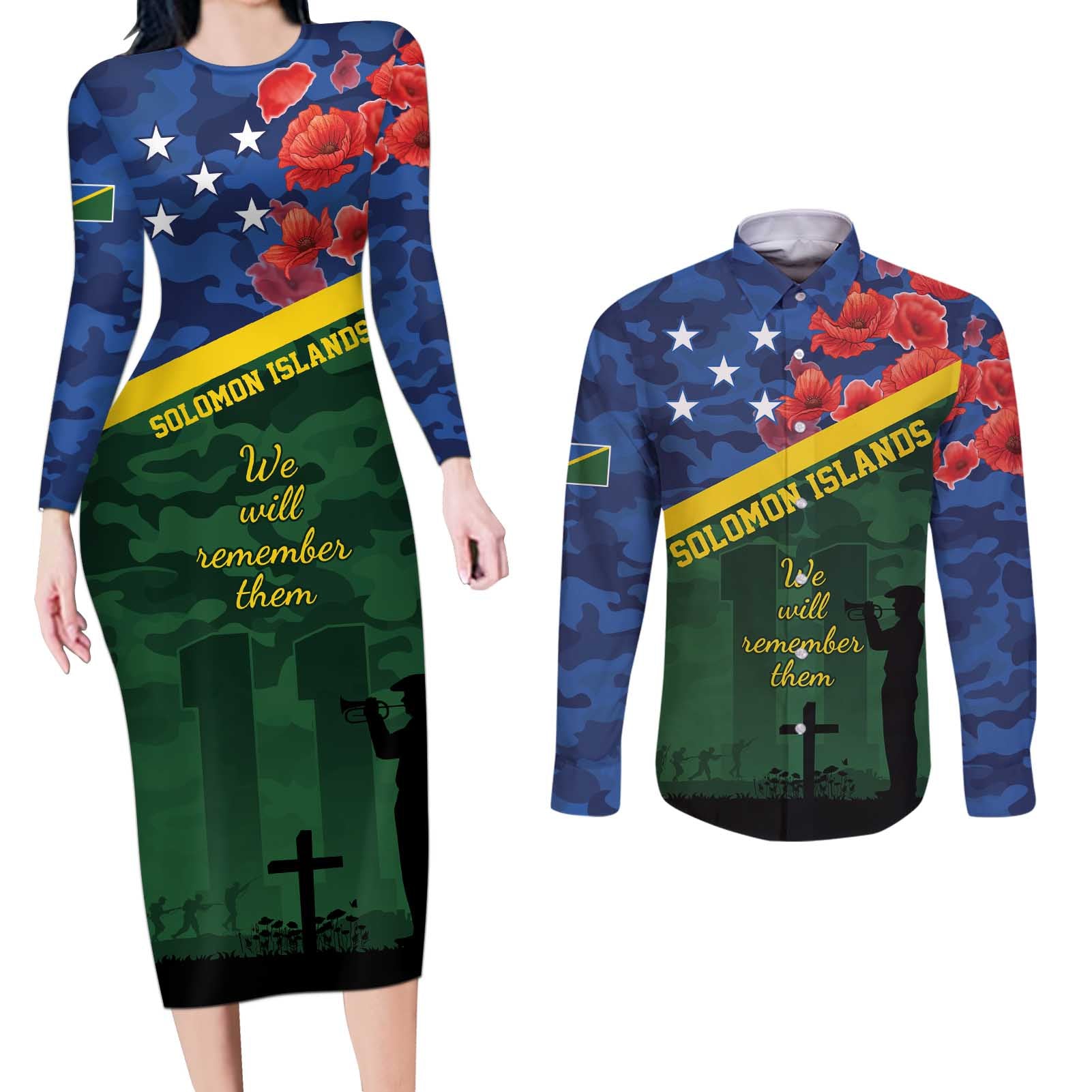 Personalised Solomon Islands Remembrance Day Couples Matching Long Sleeve Bodycon Dress and Long Sleeve Button Shirt We Will Remember Them with Camouflage Style