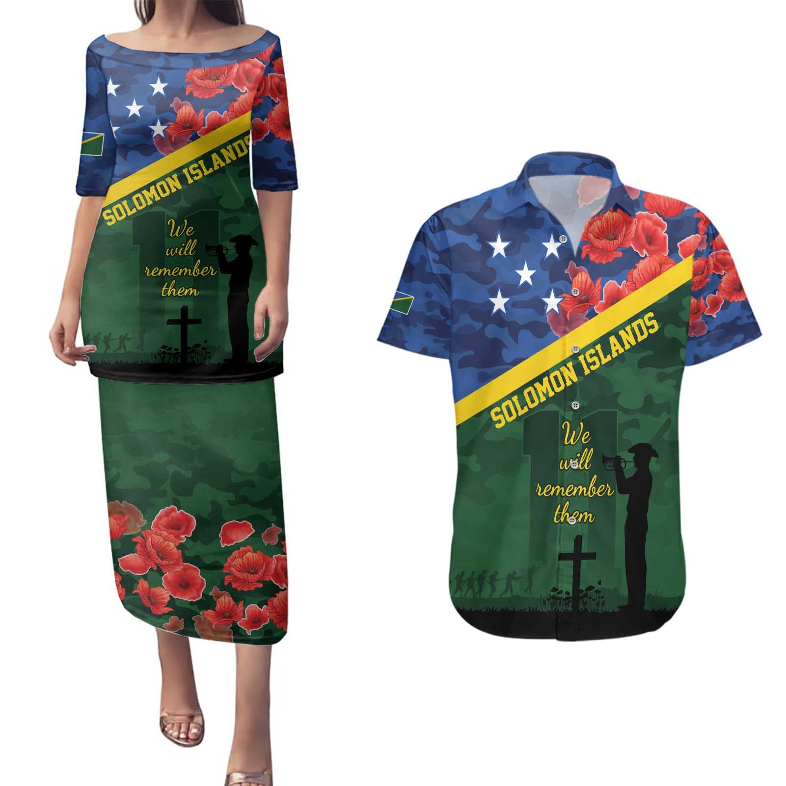 Personalised Solomon Islands Remembrance Day Couples Matching Puletasi and Hawaiian Shirt We Will Remember Them with Camouflage Style