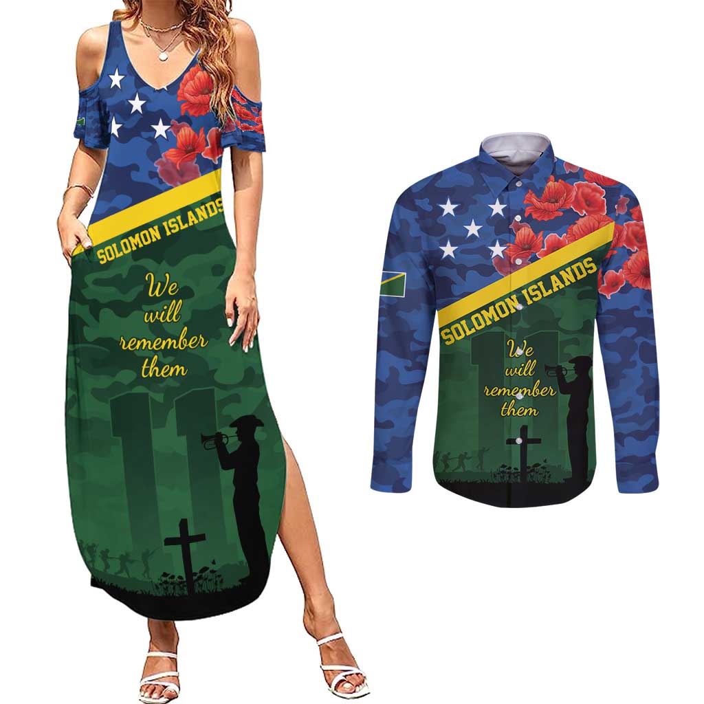 Personalised Solomon Islands Remembrance Day Couples Matching Summer Maxi Dress and Long Sleeve Button Shirt We Will Remember Them with Camouflage Style