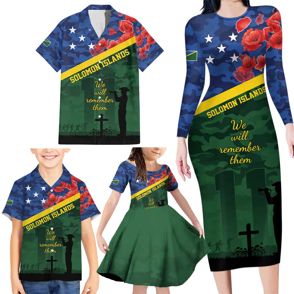 Personalised Solomon Islands Remembrance Day Family Matching Long Sleeve Bodycon Dress and Hawaiian Shirt We Will Remember Them with Camouflage Style