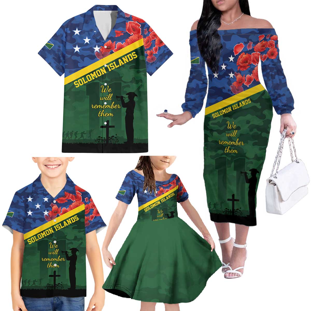 Personalised Solomon Islands Remembrance Day Family Matching Off The Shoulder Long Sleeve Dress and Hawaiian Shirt We Will Remember Them with Camouflage Style