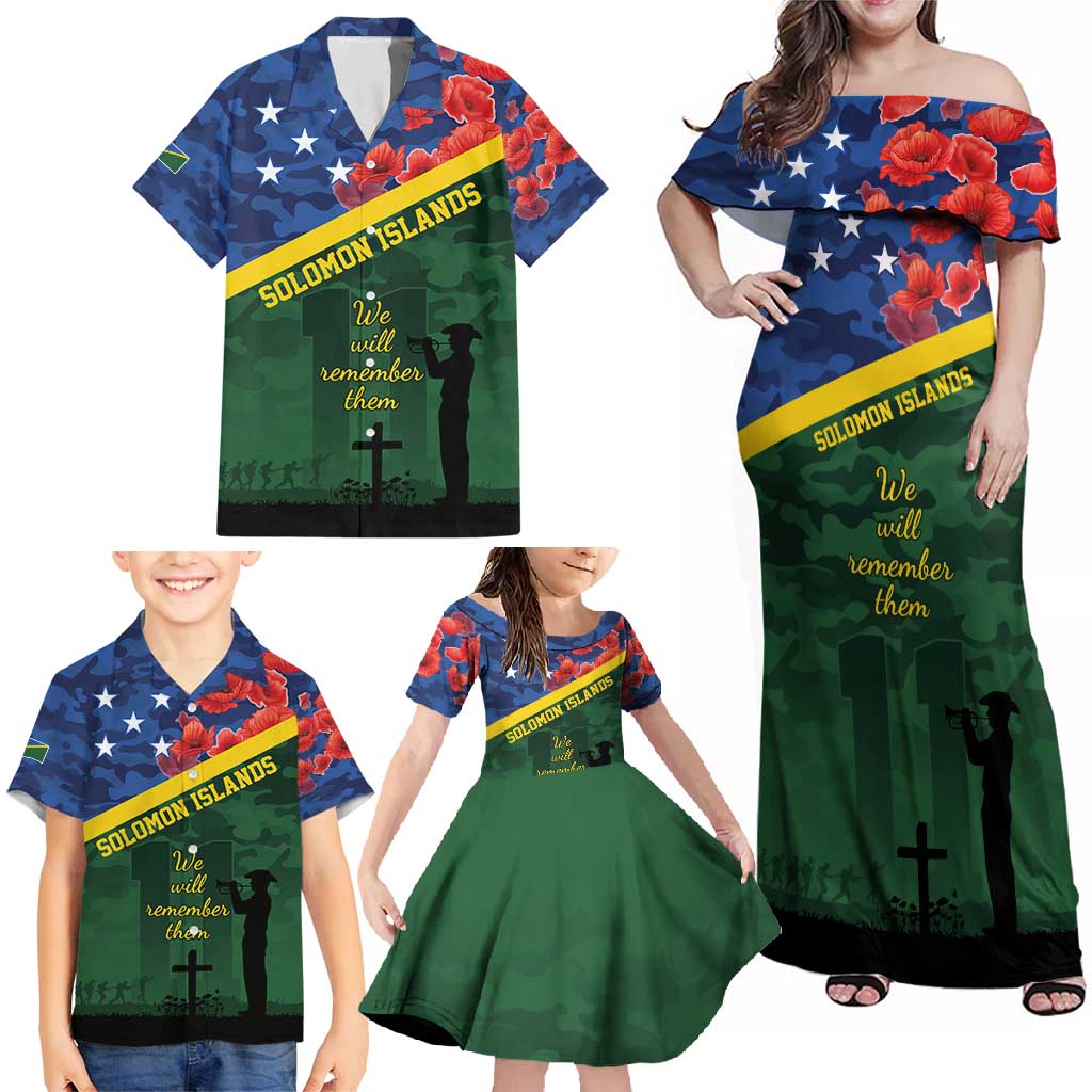 Personalised Solomon Islands Remembrance Day Family Matching Off Shoulder Maxi Dress and Hawaiian Shirt We Will Remember Them with Camouflage Style