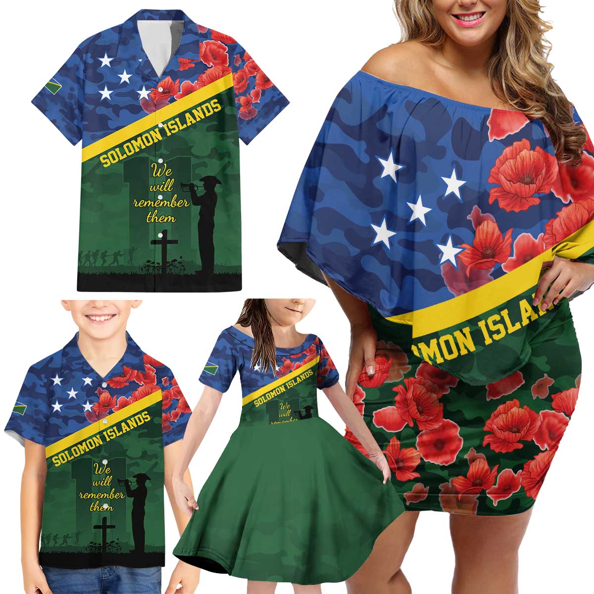 Personalised Solomon Islands Remembrance Day Family Matching Off Shoulder Short Dress and Hawaiian Shirt We Will Remember Them with Camouflage Style