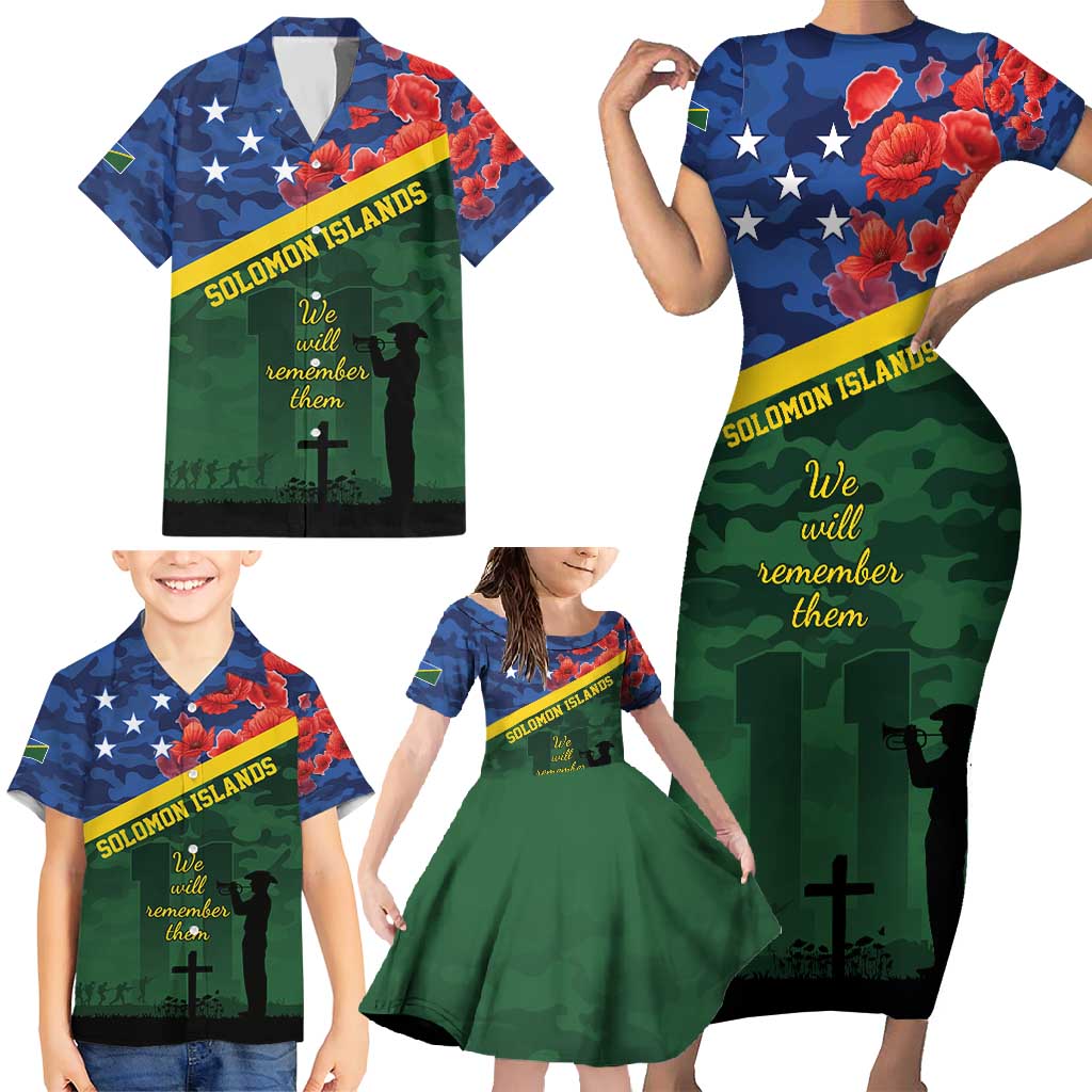 Personalised Solomon Islands Remembrance Day Family Matching Short Sleeve Bodycon Dress and Hawaiian Shirt We Will Remember Them with Camouflage Style