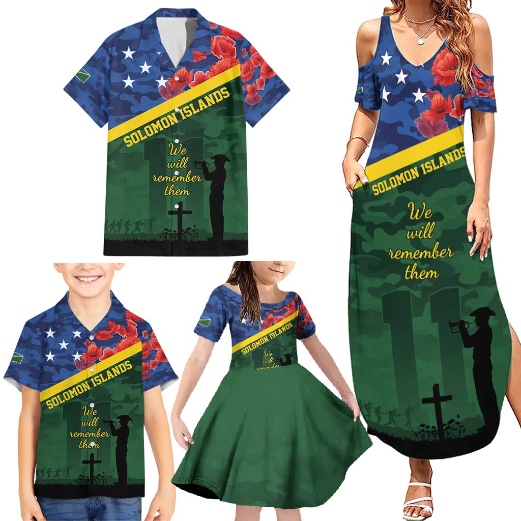 Personalised Solomon Islands Remembrance Day Family Matching Summer Maxi Dress and Hawaiian Shirt We Will Remember Them with Camouflage Style