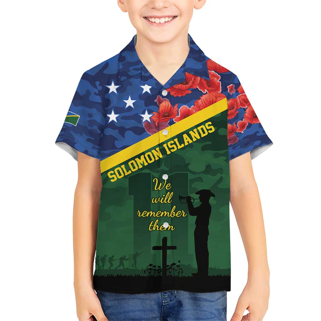 Personalised Solomon Islands Remembrance Day Kid Hawaiian Shirt We Will Remember Them with Camouflage Style