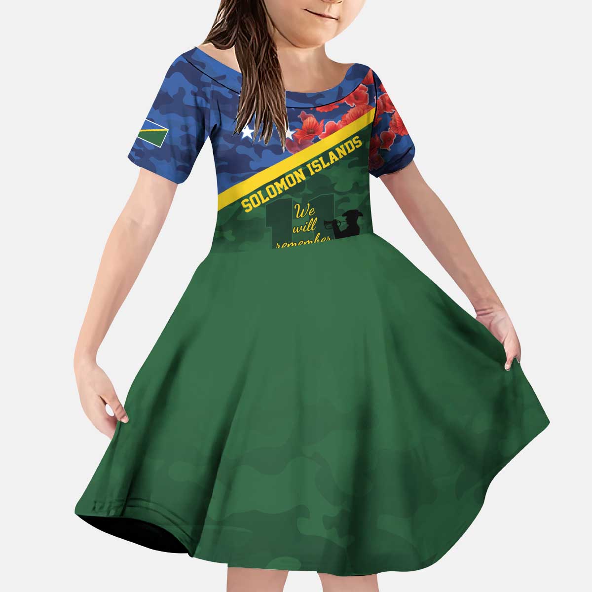 Personalised Solomon Islands Remembrance Day Kid Short Sleeve Dress We Will Remember Them with Camouflage Style