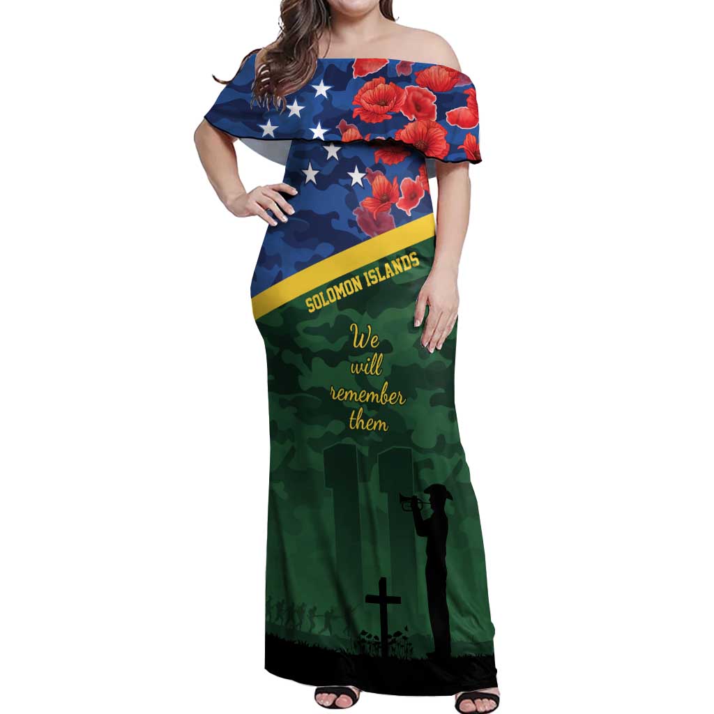 Personalised Solomon Islands Remembrance Day Off Shoulder Maxi Dress We Will Remember Them with Camouflage Style