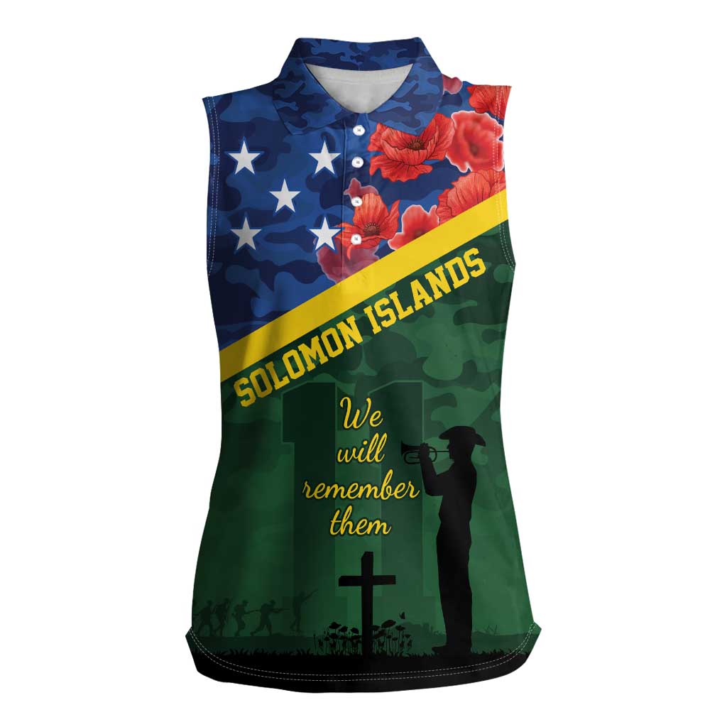 Personalised Solomon Islands Remembrance Day Women Sleeveless Polo Shirt We Will Remember Them with Camouflage Style