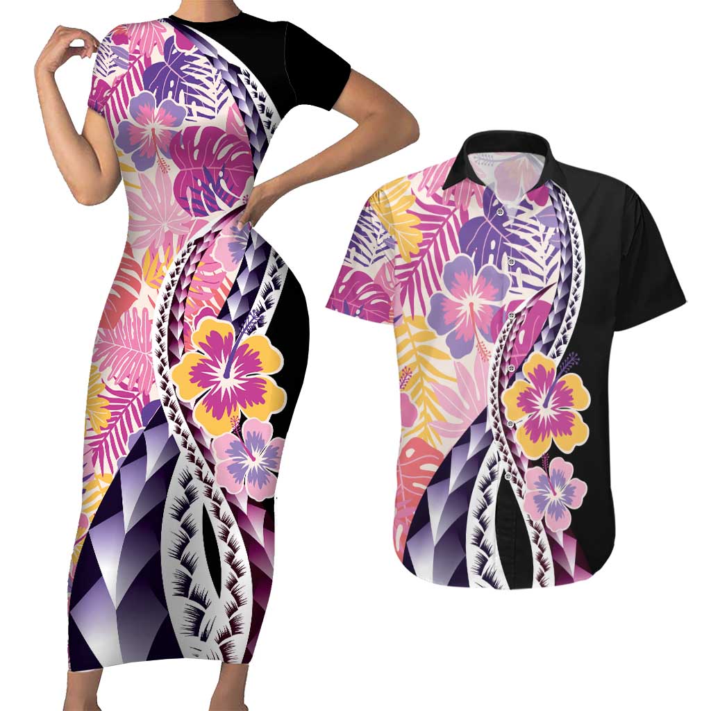 Aloha Vintage Hibiscus Lei Seamless Pattern Couples Matching Short Sleeve Bodycon Dress and Hawaiian Shirt - Polynesian Pride