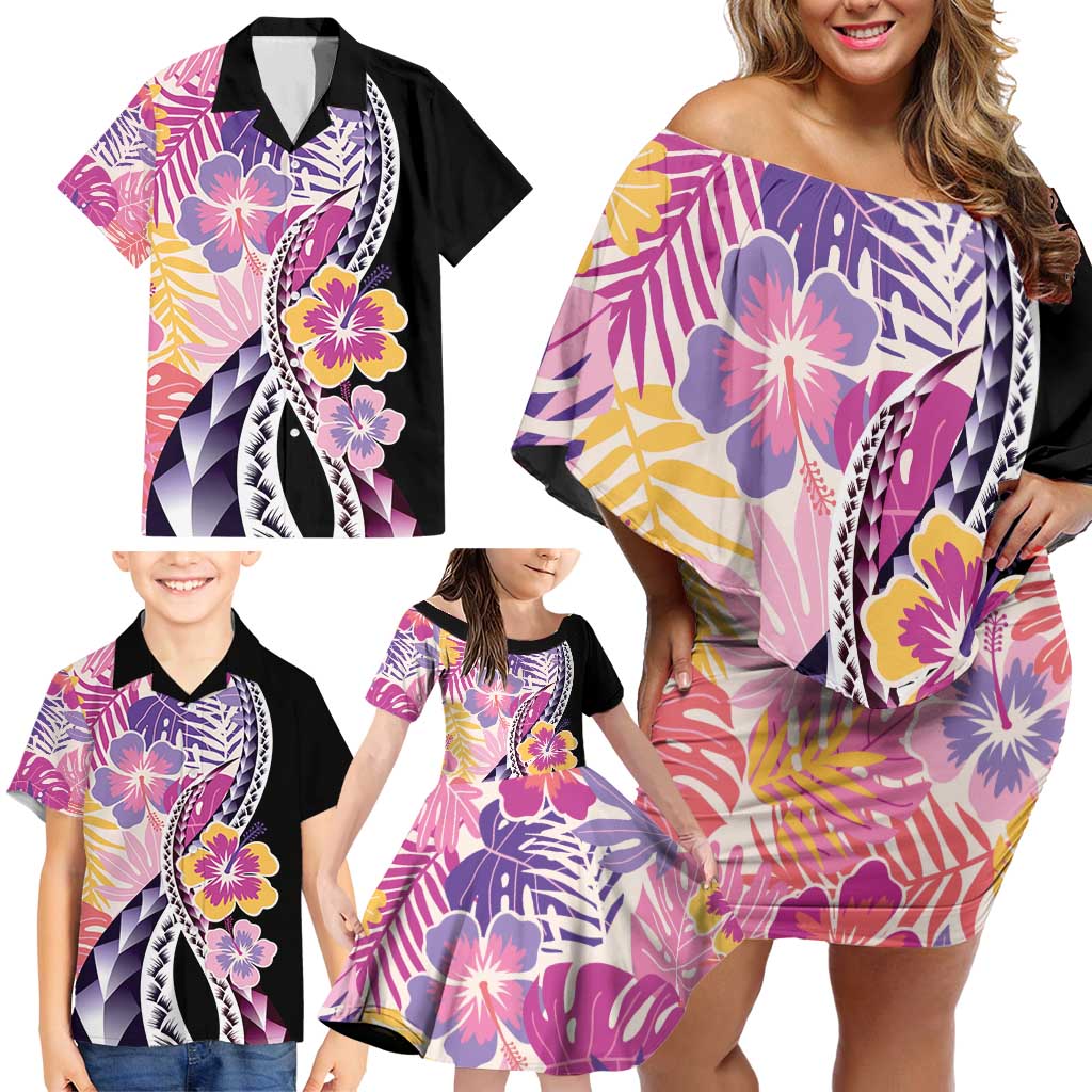 Aloha Vintage Hibiscus Lei Seamless Pattern Family Matching Off Shoulder Short Dress and Hawaiian Shirt - Polynesian Pride