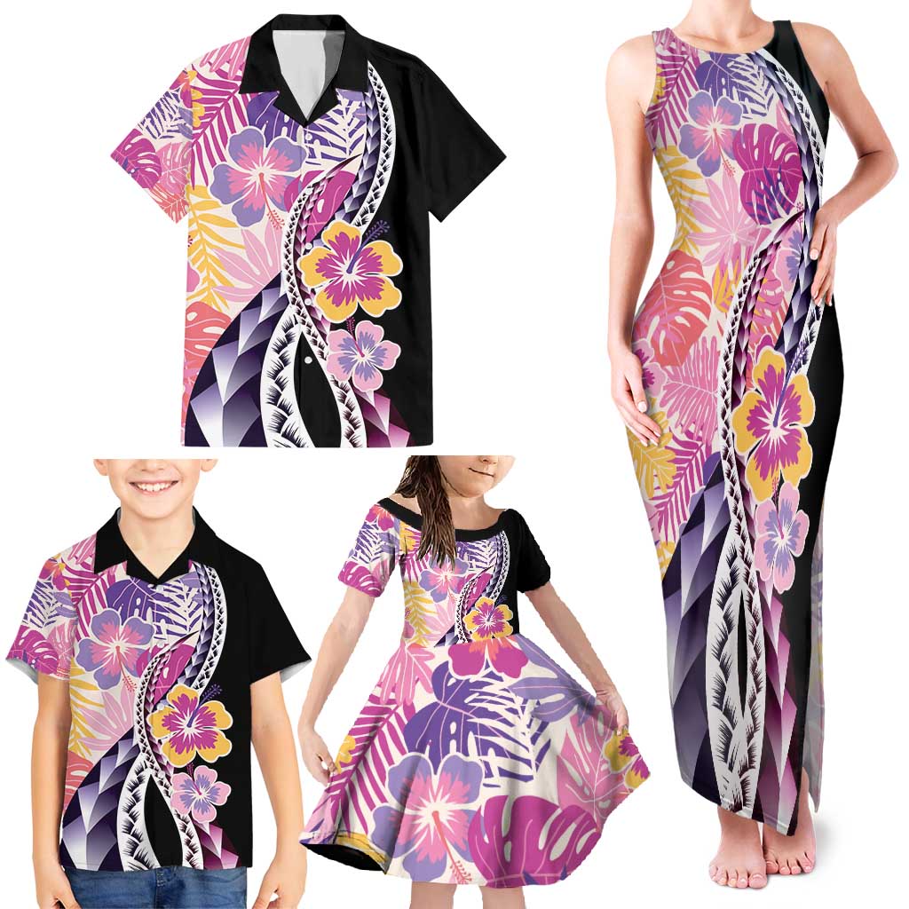 Aloha Vintage Hibiscus Lei Seamless Pattern Family Matching Tank Maxi Dress and Hawaiian Shirt - Polynesian Pride
