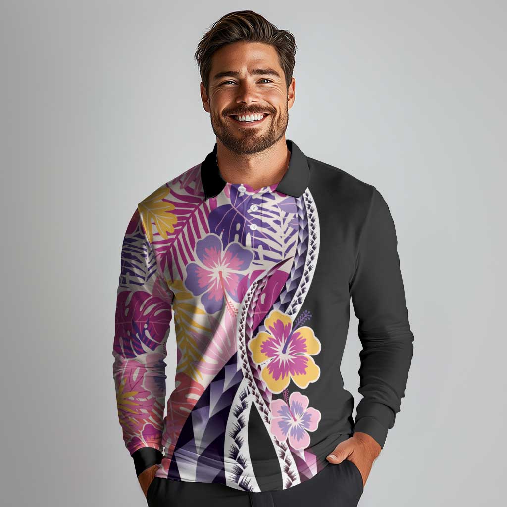 Aloha Vintage Hibiscus Lei Seamless Pattern Long Sleeve Polo Shirt - Polynesian Pride
