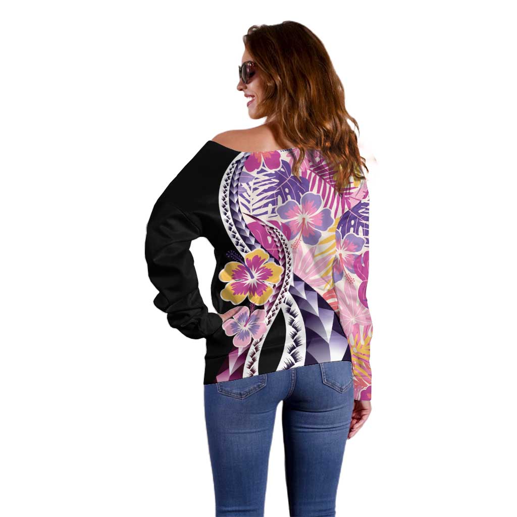 Aloha Vintage Hibiscus Lei Seamless Pattern Off Shoulder Sweater - Polynesian Pride
