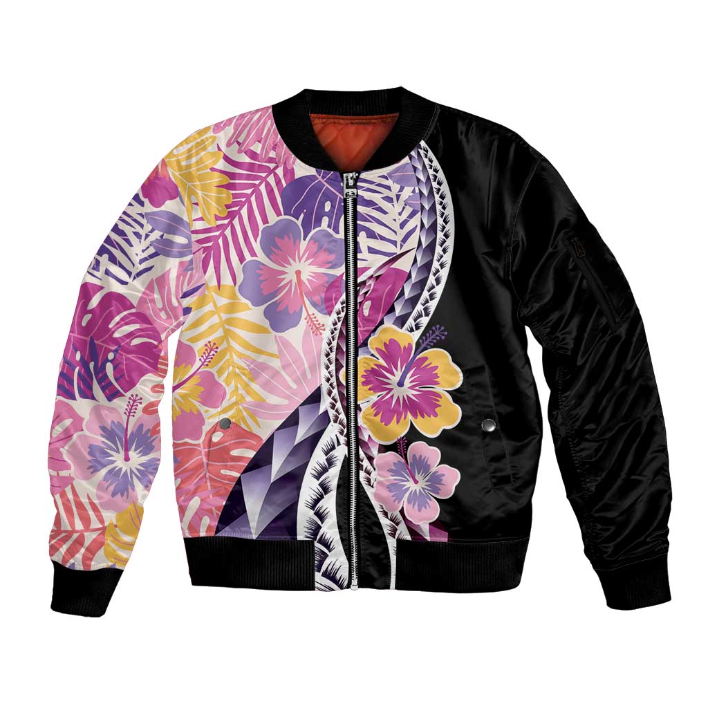 Aloha Vintage Hibiscus Lei Seamless Pattern Sleeve Zip Bomber Jacket - Polynesian Pride