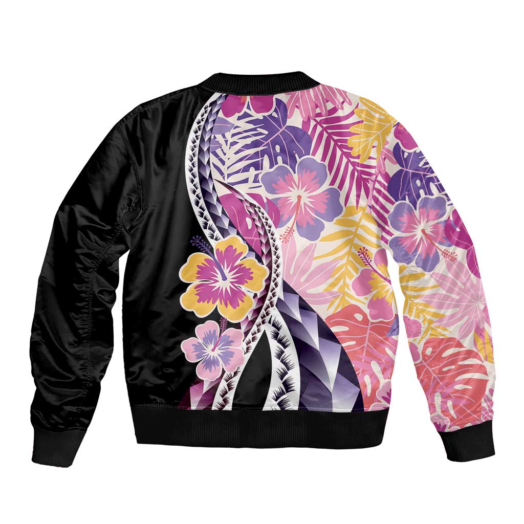 Aloha Vintage Hibiscus Lei Seamless Pattern Sleeve Zip Bomber Jacket - Polynesian Pride
