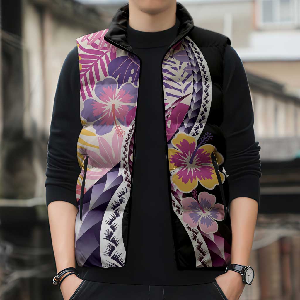 Aloha Vintage Hibiscus Lei Seamless Pattern Sleeveless Puffer Jacket - Polynesian Pride