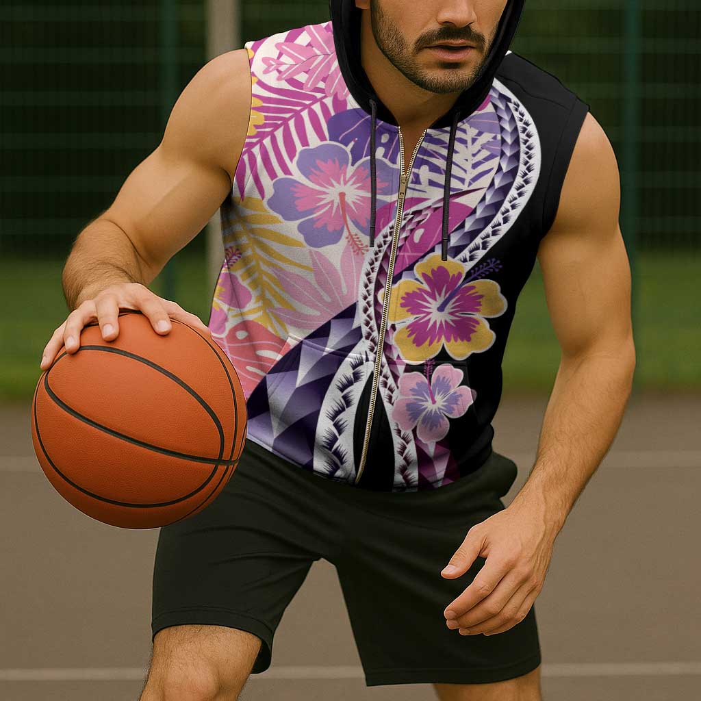Aloha Vintage Hibiscus Lei Seamless Pattern Sleeveless Zip Hoodie - Polynesian Pride