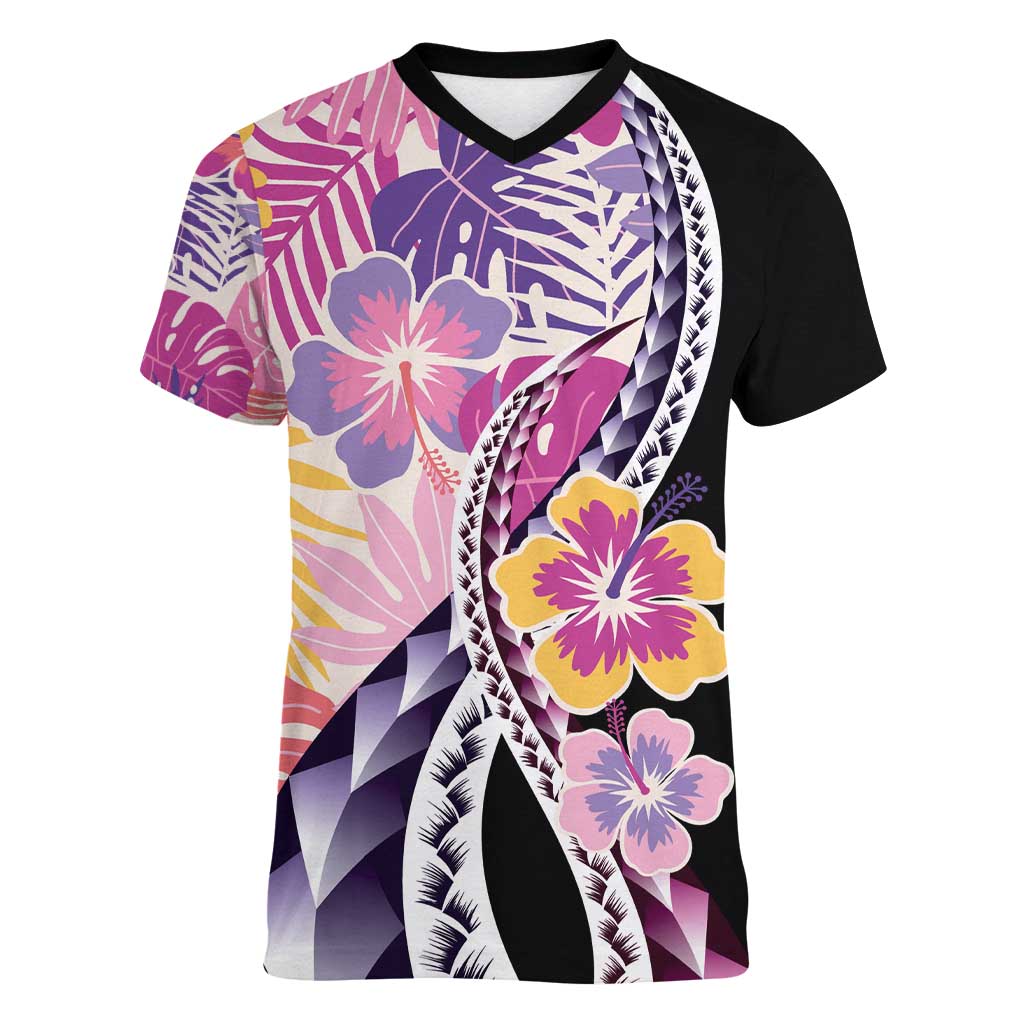 Aloha Vintage Hibiscus Lei Seamless Pattern Women V-Neck T-Shirt - Polynesian Pride
