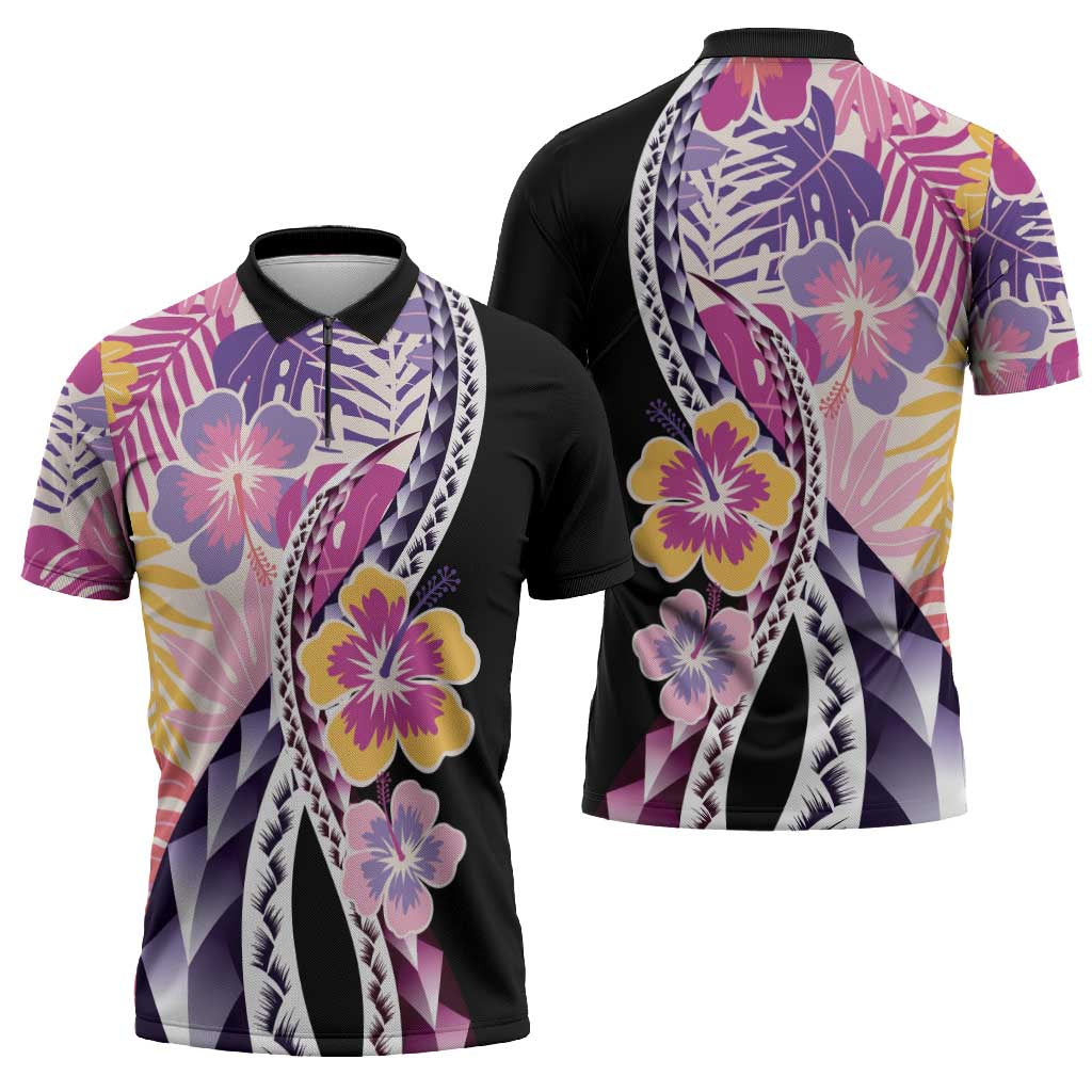 Aloha Vintage Hibiscus Lei Seamless Pattern Zipper Polo Shirt - Polynesian Pride