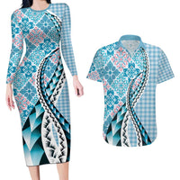 Aloha Vintage Palaka Floral Hawaiian Quilt Couples Matching Long Sleeve Bodycon Dress and Hawaiian Shirt Uliuli Motif LT9 Blue - Polynesian Pride