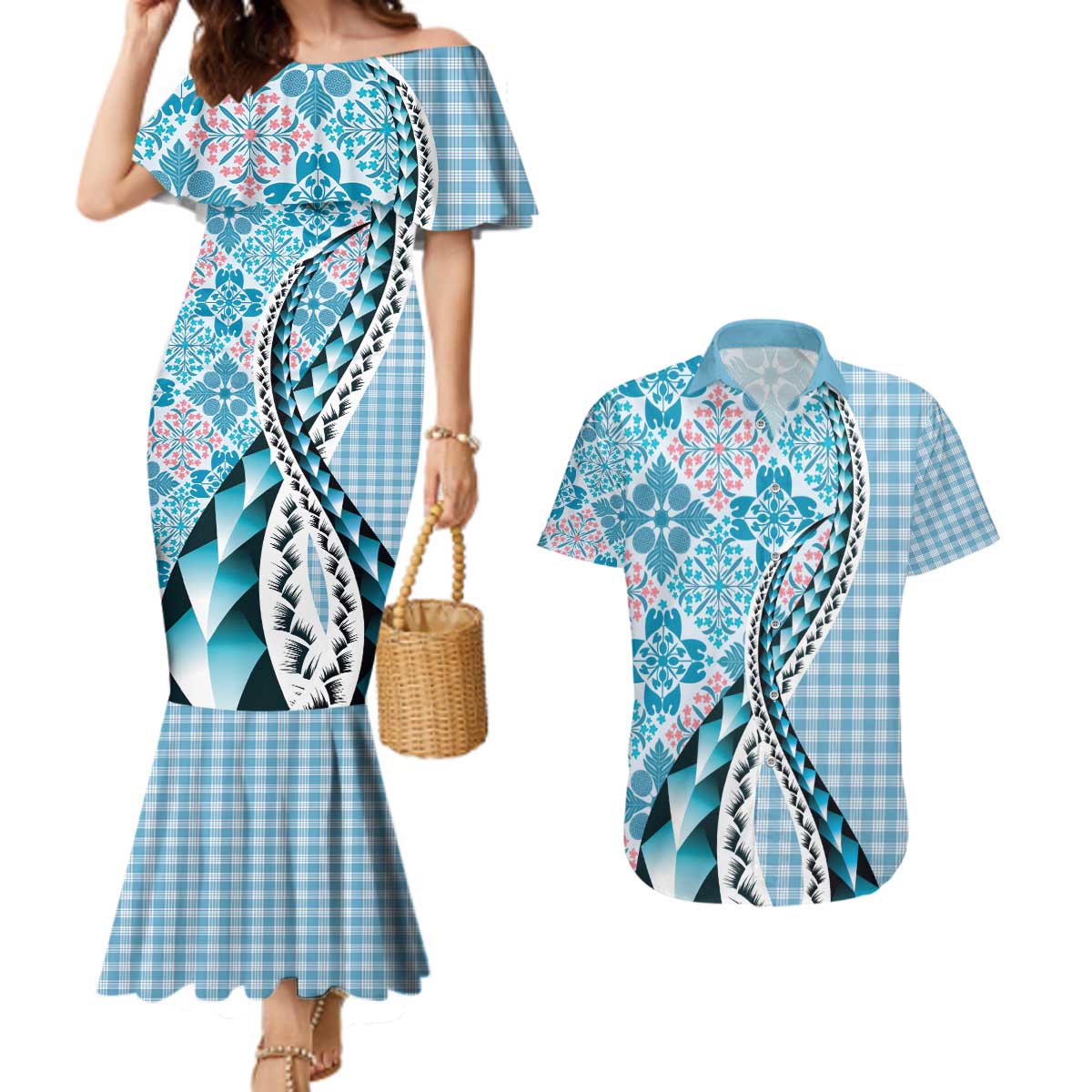 Aloha Vintage Palaka Floral Hawaiian Quilt Couples Matching Mermaid Dress and Hawaiian Shirt Uliuli Motif - Polynesian Pride