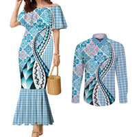 Aloha Vintage Palaka Floral Hawaiian Quilt Couples Matching Mermaid Dress and Long Sleeve Button Shirt Uliuli Motif LT9 Blue - Polynesian Pride