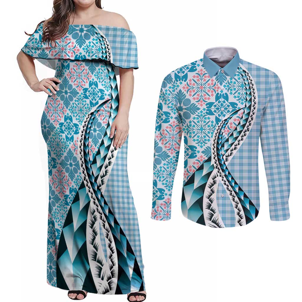 Aloha Vintage Palaka Floral Hawaiian Quilt Couples Matching Off Shoulder Maxi Dress and Long Sleeve Button Shirt Uliuli Motif LT9 Blue - Polynesian Pride