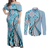Aloha Vintage Palaka Floral Hawaiian Quilt Couples Matching Off Shoulder Maxi Dress and Long Sleeve Button Shirt Uliuli Motif LT9 Blue - Polynesian Pride