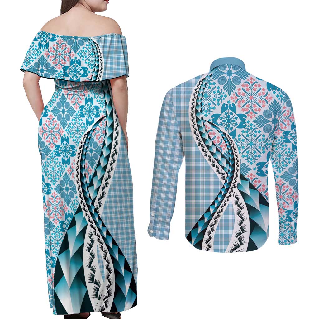 Aloha Vintage Palaka Floral Hawaiian Quilt Couples Matching Off Shoulder Maxi Dress and Long Sleeve Button Shirt Uliuli Motif LT9 - Polynesian Pride