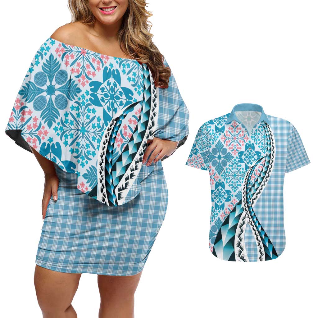 Aloha Vintage Palaka Floral Hawaiian Quilt Couples Matching Off Shoulder Short Dress and Hawaiian Shirt Uliuli Motif LT9 Blue - Polynesian Pride