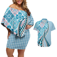 Aloha Vintage Palaka Floral Hawaiian Quilt Couples Matching Off Shoulder Short Dress and Hawaiian Shirt Uliuli Motif LT9 Blue - Polynesian Pride