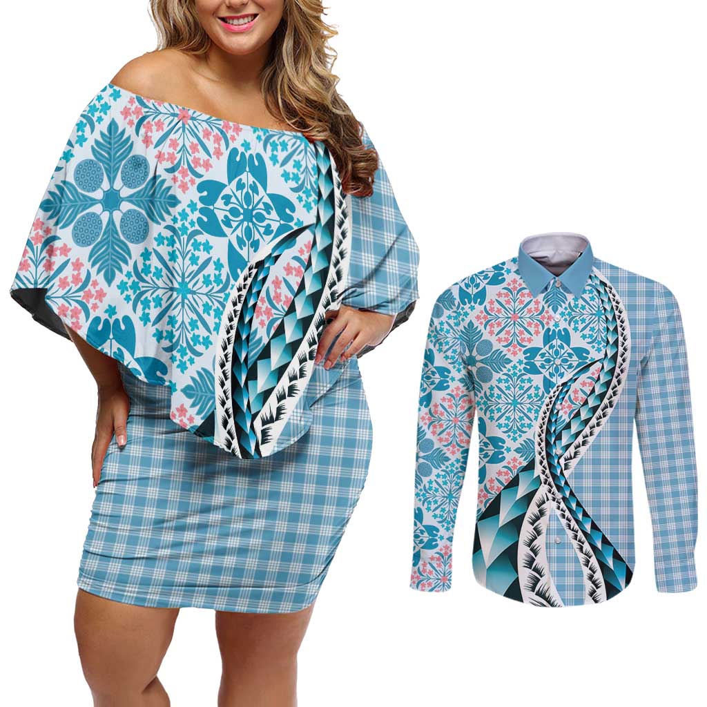 Aloha Vintage Palaka Floral Hawaiian Quilt Couples Matching Off Shoulder Short Dress and Long Sleeve Button Shirt Uliuli Motif LT9 Blue - Polynesian Pride