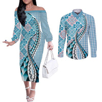 Aloha Vintage Palaka Floral Hawaiian Quilt Couples Matching Off The Shoulder Long Sleeve Dress and Long Sleeve Button Shirt Uliuli Motif LT9 Blue - Polynesian Pride
