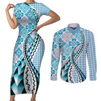 Aloha Vintage Palaka Floral Hawaiian Quilt Couples Matching Short Sleeve Bodycon Dress and Long Sleeve Button Shirt Uliuli Motif LT9 Blue - Polynesian Pride
