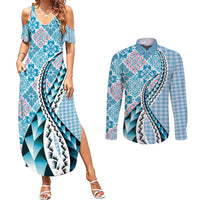 Aloha Vintage Palaka Floral Hawaiian Quilt Couples Matching Summer Maxi Dress and Long Sleeve Button Shirt Uliuli Motif LT9 Blue - Polynesian Pride