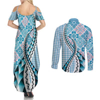 Aloha Vintage Palaka Floral Hawaiian Quilt Couples Matching Summer Maxi Dress and Long Sleeve Button Shirt Uliuli Motif LT9 - Polynesian Pride