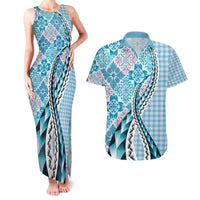 Aloha Vintage Palaka Floral Hawaiian Quilt Couples Matching Tank Maxi Dress and Hawaiian Shirt Uliuli Motif LT9 Blue - Polynesian Pride