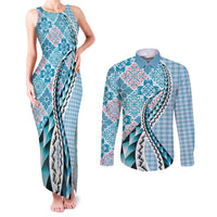 Aloha Vintage Palaka Floral Hawaiian Quilt Couples Matching Tank Maxi Dress and Long Sleeve Button Shirt Uliuli Motif LT9 Blue - Polynesian Pride