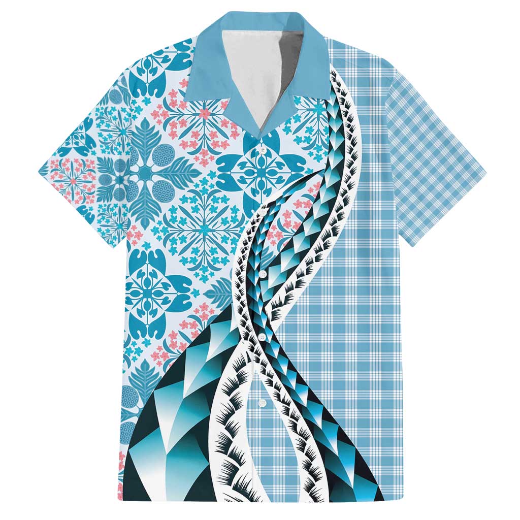 Aloha Vintage Palaka Floral Hawaiian Quilt Family Matching Long Sleeve Bodycon Dress and Hawaiian Shirt Uliuli Motif LT9 Dad's Shirt - Short Sleeve Blue - Polynesian Pride