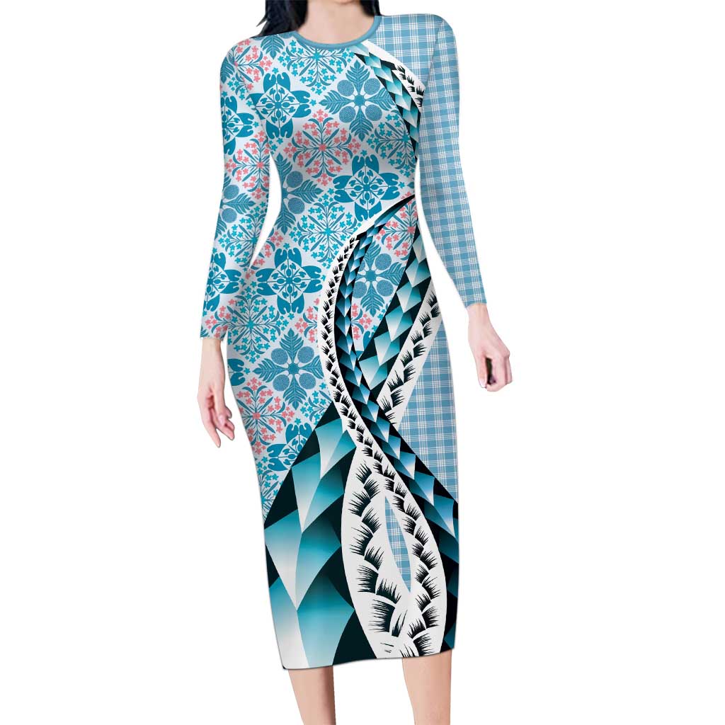 Aloha Vintage Palaka Floral Hawaiian Quilt Family Matching Long Sleeve Bodycon Dress and Hawaiian Shirt Uliuli Motif LT9 Mom's Dress Blue - Polynesian Pride