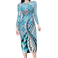 Aloha Vintage Palaka Floral Hawaiian Quilt Family Matching Long Sleeve Bodycon Dress and Hawaiian Shirt Uliuli Motif LT9 Mom's Dress Blue - Polynesian Pride
