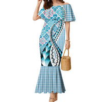 Aloha Vintage Palaka Floral Hawaiian Quilt Family Matching Mermaid Dress and Hawaiian Shirt Uliuli Motif LT9 Mom's Dress Blue - Polynesian Pride