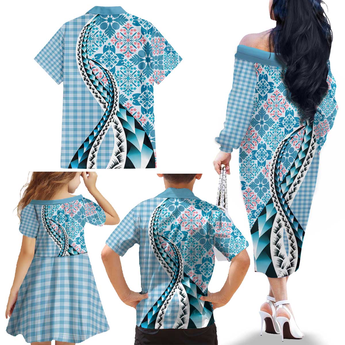 Aloha Vintage Palaka Floral Hawaiian Quilt Family Matching Off The Shoulder Long Sleeve Dress and Hawaiian Shirt Uliuli Motif - Polynesian Pride