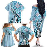 Aloha Vintage Palaka Floral Hawaiian Quilt Family Matching Off The Shoulder Long Sleeve Dress and Hawaiian Shirt Uliuli Motif - Polynesian Pride