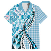 Aloha Vintage Palaka Floral Hawaiian Quilt Family Matching Off Shoulder Maxi Dress and Hawaiian Shirt Uliuli Motif LT9 Dad's Shirt - Short Sleeve Blue - Polynesian Pride