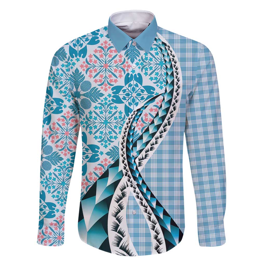Aloha Vintage Palaka Floral Hawaiian Quilt Family Matching Off Shoulder Maxi Dress and Hawaiian Shirt Uliuli Motif LT9 Dad's Shirt - Long Sleeve Blue - Polynesian Pride