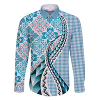 Aloha Vintage Palaka Floral Hawaiian Quilt Family Matching Off Shoulder Short Dress and Hawaiian Shirt Uliuli Motif LT9 Dad's Shirt - Long Sleeve Blue - Polynesian Pride