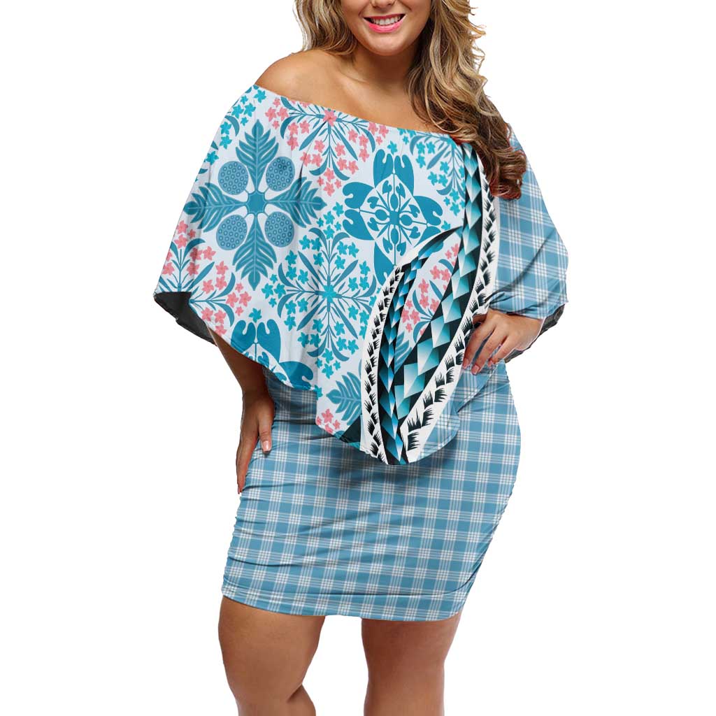 Aloha Vintage Palaka Floral Hawaiian Quilt Family Matching Off Shoulder Short Dress and Hawaiian Shirt Uliuli Motif LT9 Mom's Dress Blue - Polynesian Pride