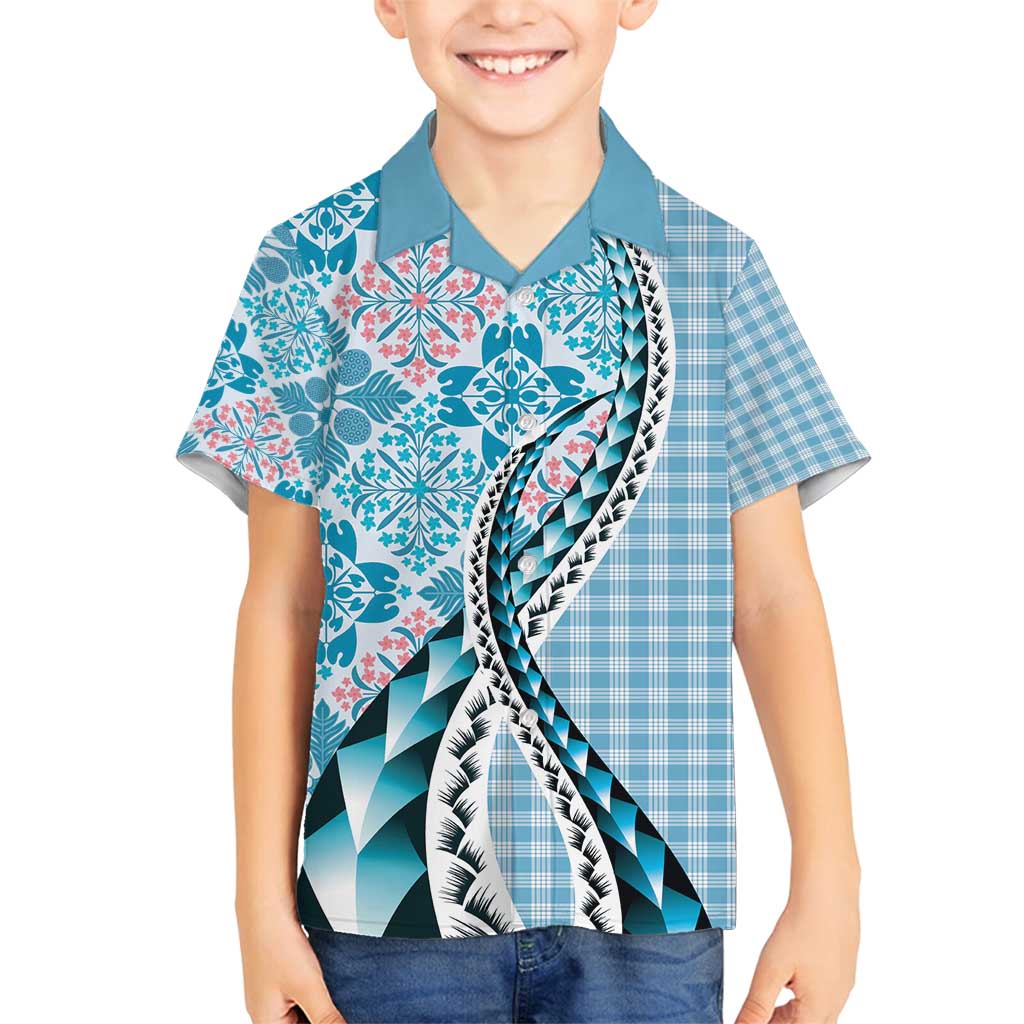 Aloha Vintage Palaka Floral Hawaiian Quilt Family Matching Off Shoulder Short Dress and Hawaiian Shirt Uliuli Motif LT9 Son's Shirt Blue - Polynesian Pride